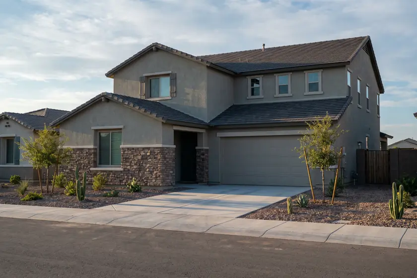10233 E Keats Ave — two-storey tract elevation with stone veneer and a wide driveway