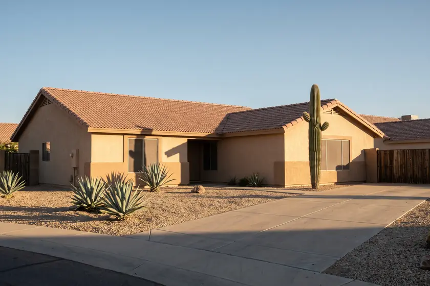525 W Baseline Rd — single-storey stucco ranch elevation with a gravel front yard