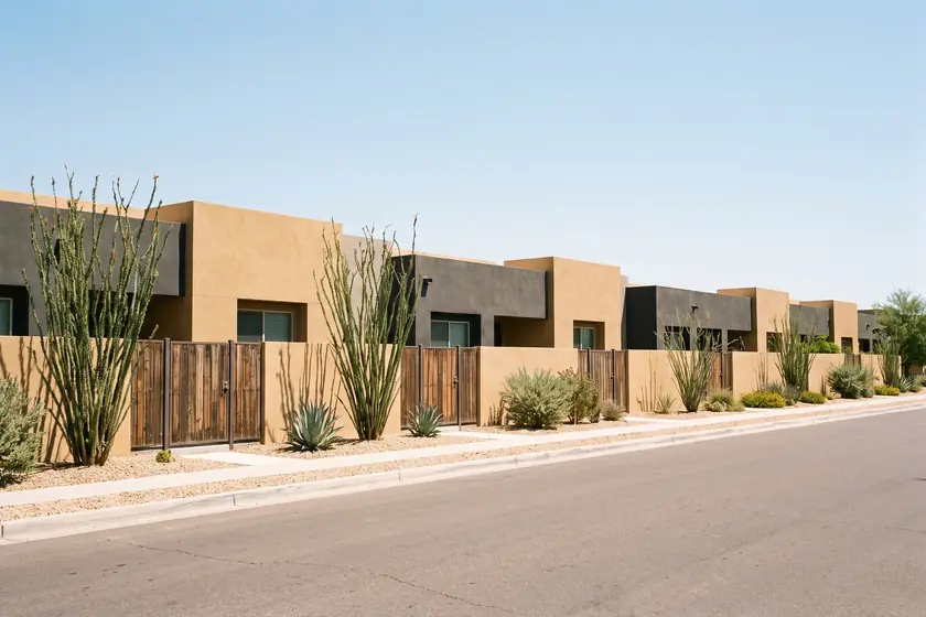 8815 E Southern Ave — attached townhome elevation with private entry gates